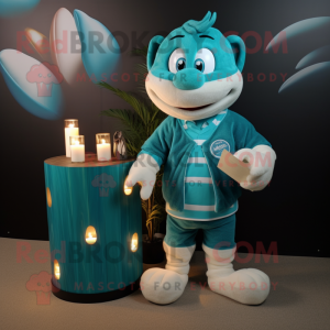 Teal Scented Candle mascot costume character dressed with a Rugby Shirt and Wraps