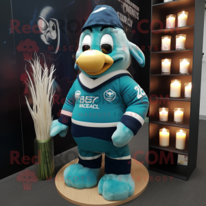 Teal Scented Candle mascot costume character dressed with a Rugby Shirt and Wraps