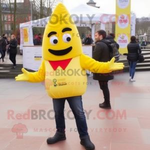 Lemon Yellow Paella mascot costume character dressed with a Leather Jacket and Shoe laces