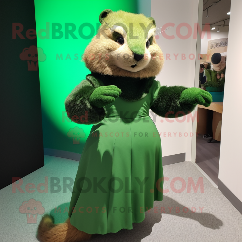 Green Marmot mascot costume character dressed with a Sheath Dress and Gloves