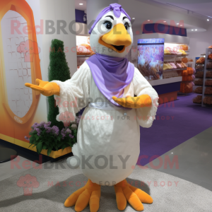 Lavender Butter Chicken mascot costume character dressed with a Cover-up and Anklets