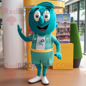 Teal Pesto Pasta mascot costume character dressed with a Running Shorts and Ties