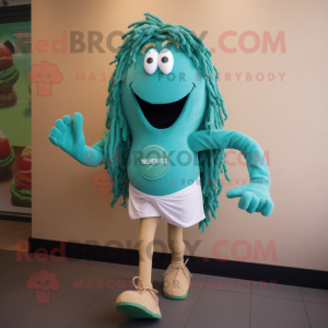 Teal Pesto Pasta mascot costume character dressed with a Running Shorts and Ties