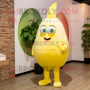 Lemon Yellow Onion mascot costume character dressed with a Chinos and Watches