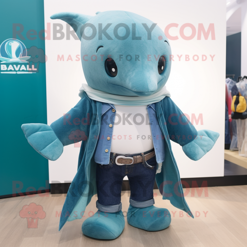 Teal Narwhal mascot costume character dressed with a Denim Shorts and Shawls