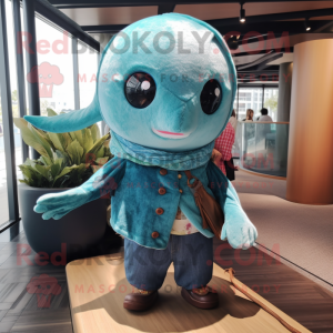 Teal Narwhal mascot costume character dressed with a Denim Shorts and Shawls