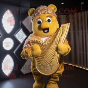 Gold Celtic Harp mascot costume character dressed with a Waistcoat and Mittens