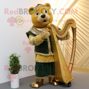 Gold Celtic Harp mascot costume character dressed with a Waistcoat and Mittens