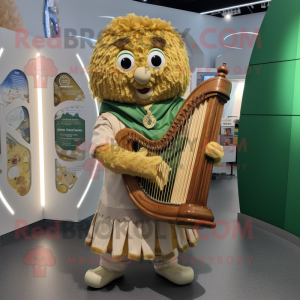 Gold Celtic Harp mascot costume character dressed with a Waistcoat and Mittens