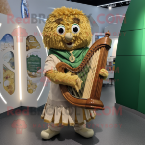 Gold Celtic Harp mascot costume character dressed with a Waistcoat and Mittens