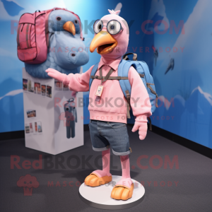Pink Gull mascot costume character dressed with a Denim Shorts and Backpacks