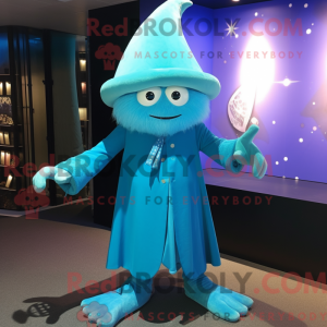 Maskotkarakter av en cyan...