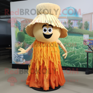 Peach Pad Thai mascot costume character dressed with a Maxi Dress and Hat pins