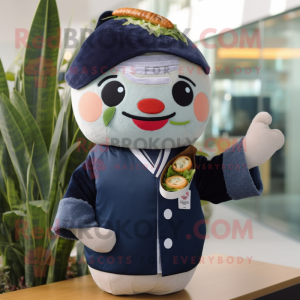 Navy Sushi mascot costume character dressed with a Sweater and Brooches