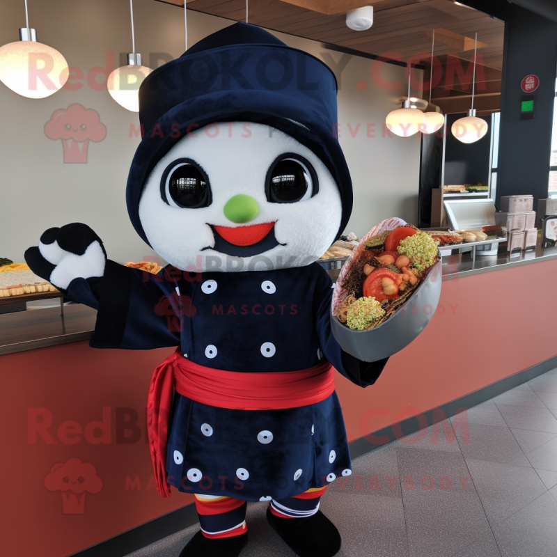 Navy Sushi mascot costume character dressed with a Sweater and Brooches