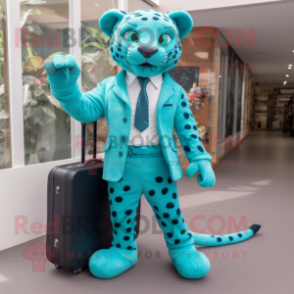 Cyan Jaguar mascot costume character dressed with a Trousers and Briefcases