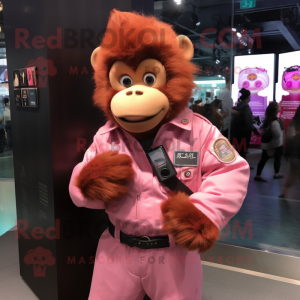 Pink Orangutan mascot costume character dressed with a Bomber Jacket and Clutch bags