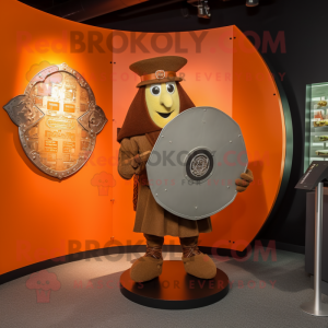 Rust Celtic Shield mascot costume character dressed with a Playsuit and Hat pins