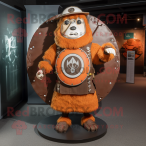 Rust Celtic Shield mascot costume character dressed with a Playsuit and Hat pins