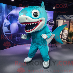 Maskotkarakter af en cyan...