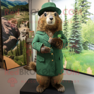 Forest Green Marmot mascot costume character dressed with a Coat and Berets