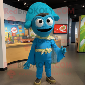 Cyan Fajitas mascot costume character dressed with a Romper and Lapel pins