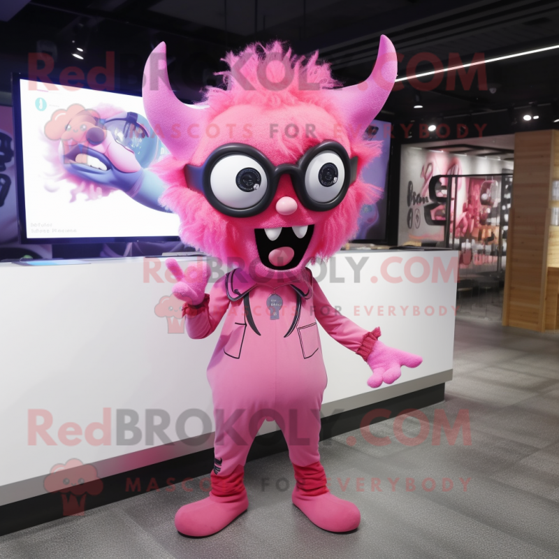 Pink Demon mascot costume character dressed with a Romper and Eyeglasses