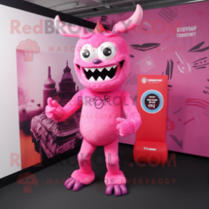 Pink Demon mascot costume character dressed with a Romper and Eyeglasses