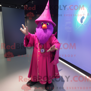 Maskotfigur av en magenta...