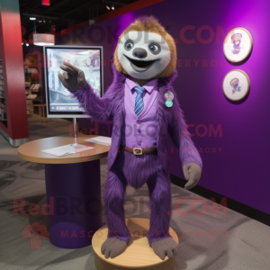 Purple Sloth mascot costume character dressed with a Suit Pants and Earrings
