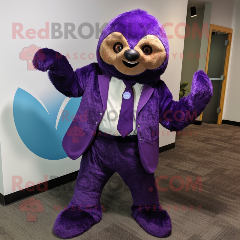 Purple Sloth mascot costume character dressed with a Suit Pants and Earrings