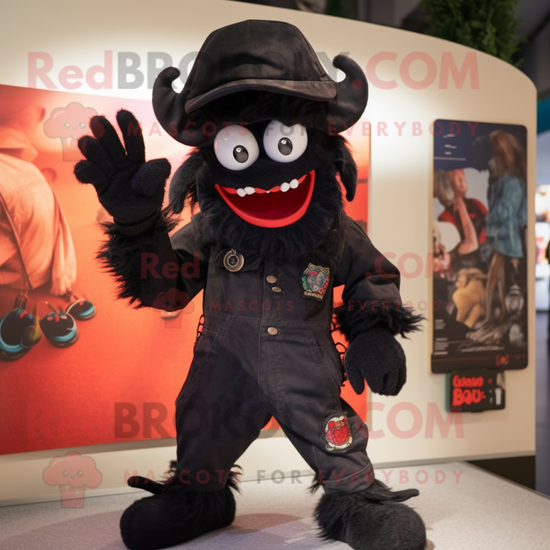 Black Demon mascot costume character dressed with a Dungarees and Berets