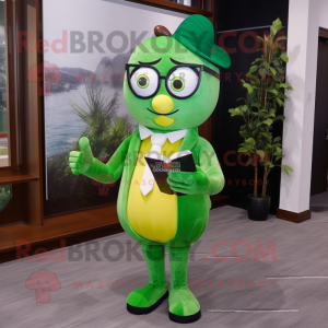 Forest Green Lemon mascot costume character dressed with a Evening Gown and Reading glasses