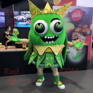 Green Nachos mascot costume character dressed with a Mini Skirt and Suspenders