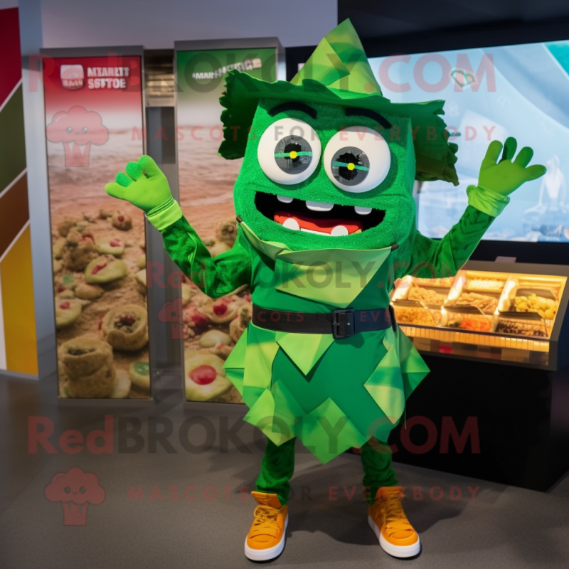Green Nachos mascot costume character dressed with a Mini Skirt and Suspenders