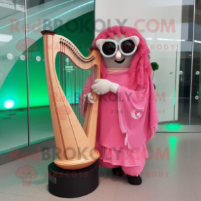 Pink Celtic Harp mascot costume character dressed with a Sweatshirt and Sunglasses