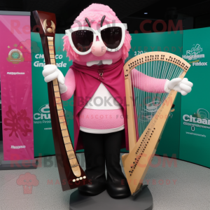 Pink Celtic Harp mascot costume character dressed with a Sweatshirt and Sunglasses