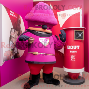 Maskotfigur af en magenta...