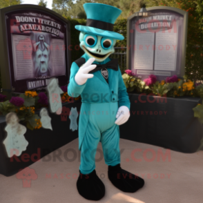 Teal Graveyard mascot costume character dressed with a Capri Pants and Gloves