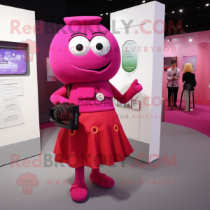 Magenta Camera mascot costume character dressed with a A-Line Skirt and Handbags