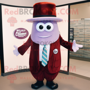 Maroon Clam Chowder mascot costume character dressed with a Suit Jacket and Caps