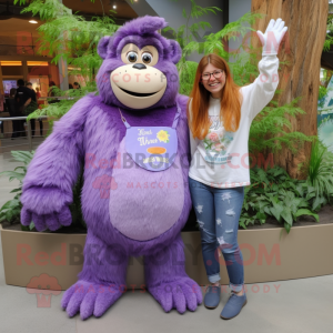 Lavender Orangutan mascot costume character dressed with a Mom Jeans and Brooches