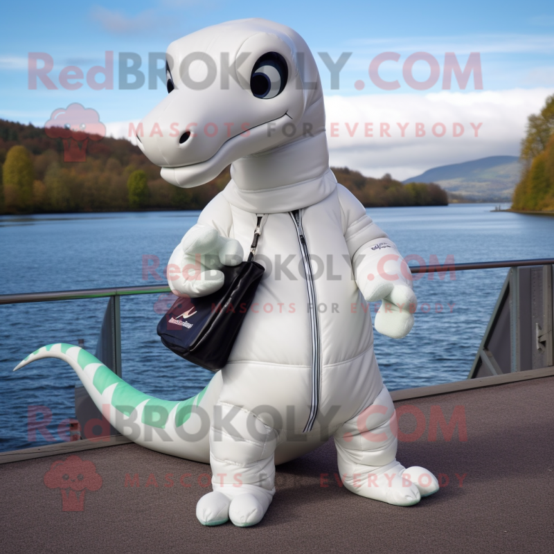 White Loch Ness Monster mascot costume character dressed with a Leather ...