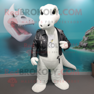 White Loch Ness Monster mascot costume character dressed with a Leather Jacket and Clutch bags