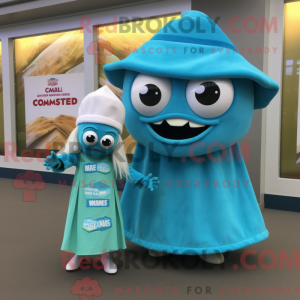 Maskotkarakter af en cyan...