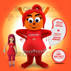 Red Butter Chicken mascot costume character dressed with a Bikini and Hair clips
