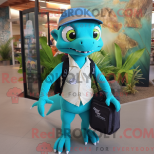 Maskotfigur af en cyan...