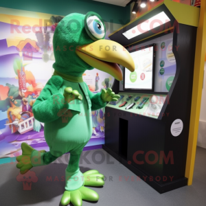 Green Dodo Bird mascot costume character dressed with a Jumpsuit and Brooches