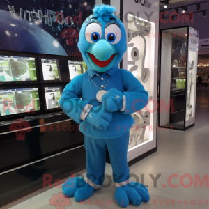 Maskotkarakter af en cyan...
