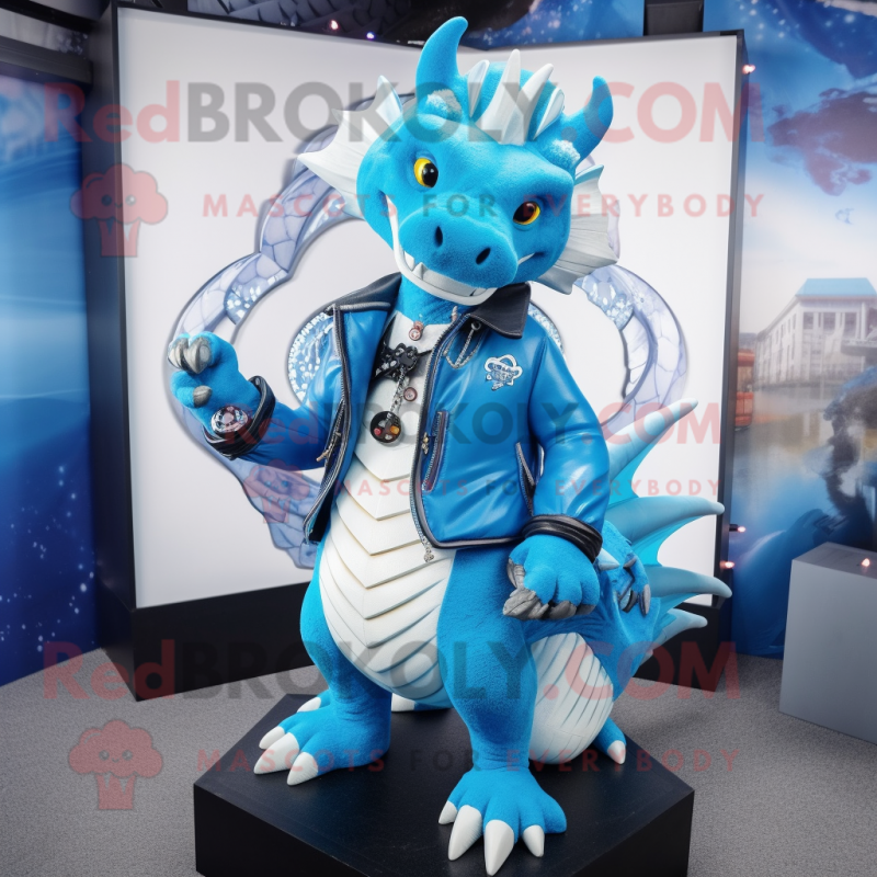 Sky Blue Dragon mascot costume character dressed with a Moto Jacket and Necklaces